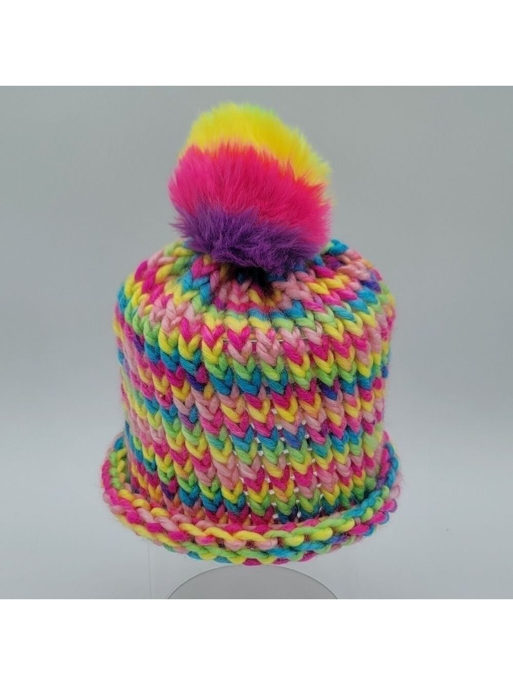 Knit Hat Rainbow Ombre Pom Pom Child Size #1602 NWOT